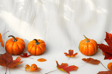 Fall background with orange pumpkins and fall leaves on a light surface, 