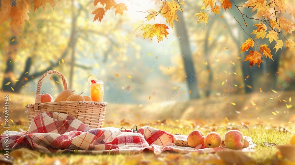 Poster A picnic basket with food and drinks sits on a red and white checkered blanket in a forest setting with golden trees in the background. Generative AI