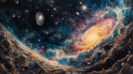 Illustrative depiction of dark energy, showcasing the unknown force driving the accelerated expansion of the universe, highlighting the mysteries of cosmic science. Watercolor style, high resolution