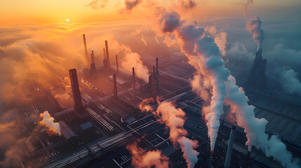 aerial view of heavy industry plant, sunrise lighting, dynamic smoke patterns, industrial architecture, atmospheric mood, environmental impact themes