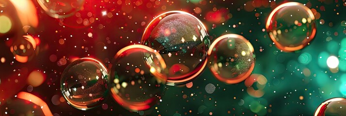 Naklejka premium Red and green abstract background with floating, glowing snow globes