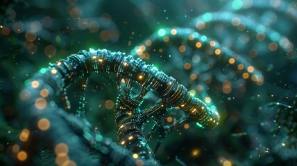 An abstract artwork of a DNA helix intertwined with circuit board patterns
