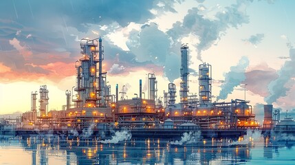 Detailed depiction of safety equipment and protocols in an industrial setting, emphasizing the critical importance of technology and safety in chemical and petroleum operations. Watercolor style,