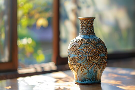 Exquisite handmade pottery vase with blue and brown glaze in sunlight
