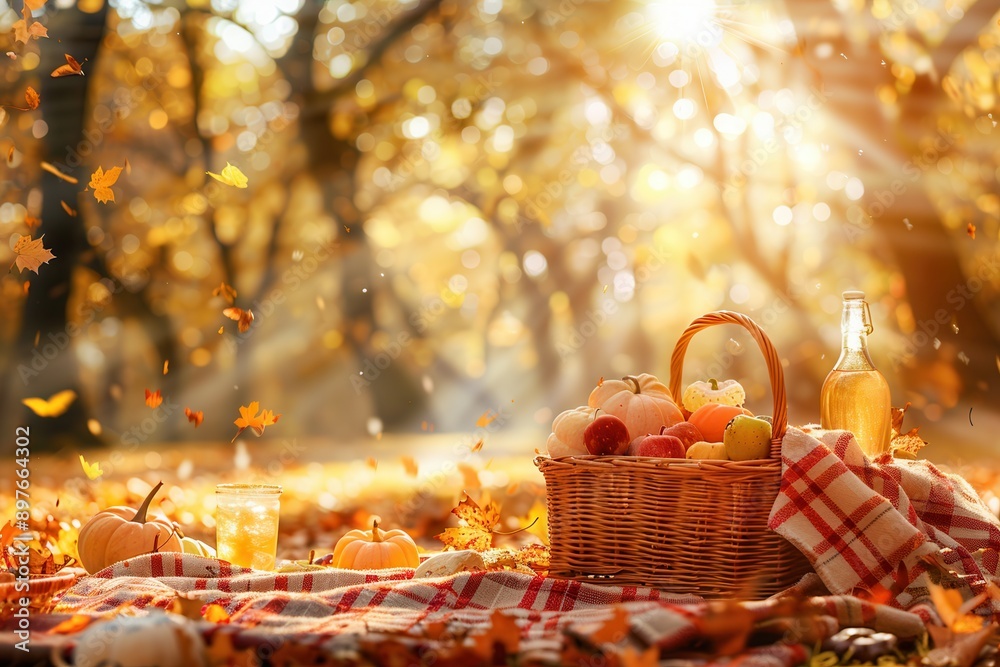Poster an autumn picnic with a wicker basket of food and drinks on a checkered blanket, surrounded by golde