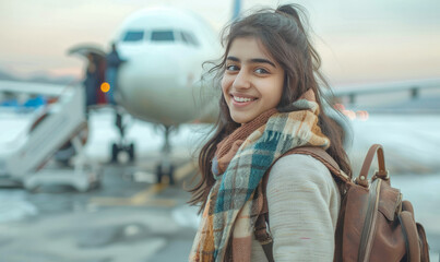 young indian student boarding flight,she is happy,traveling,flight background,winter season,generative ai
