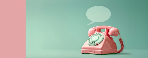 Vintage pink rotary phone with empty speech bubble on pastel green background