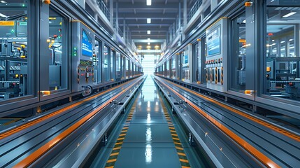 Fototapeta premium Captivating depiction of an assembly line with advanced machinery, showcasing the efficiency and technological advancements in industrial operations. Watercolor style, high resolution Illustration,