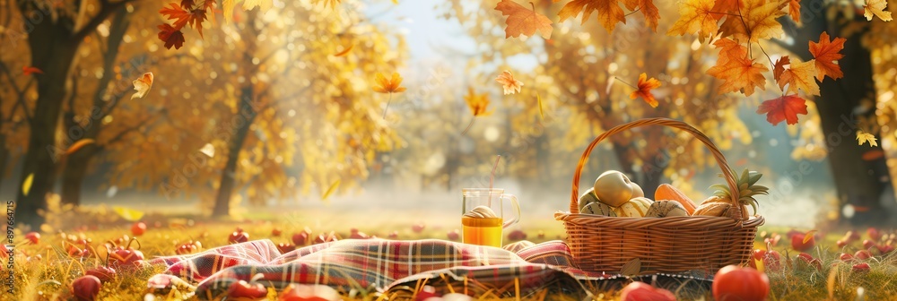 Poster A picnic blanket is spread out on the ground with a basket of food and drinks, set against a backdrop of golden trees in a forest. Generative AI