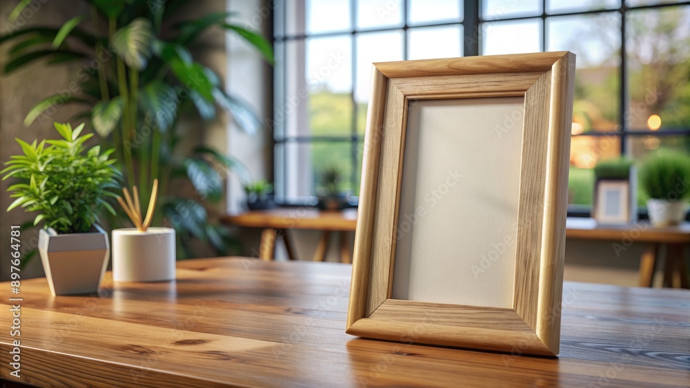 Wall mural empty wooden picture frame on wooden table near window. generative ai