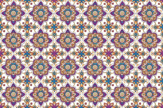 Exquisite hand-drawn mandala pattern with vibrant traditional Indian colors on a pristine white background