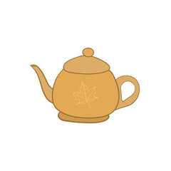 Yellow teapot line art with maple leaf decor design element on transparent background