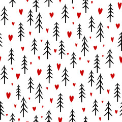 Small black christmas trees and red hearts isolated on white background. Cute seamless pattern. Vector simple flat graphic hand drawn illustration. Texture.