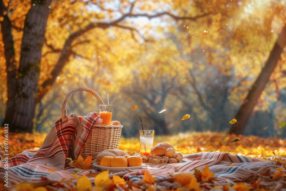 Aufkleber A picnic blanket with a basket of food and drinks is set up in a forest with golden trees. Generative AI