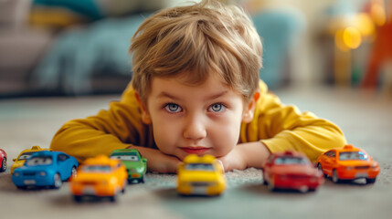 Little boy plays with toy cars on floor