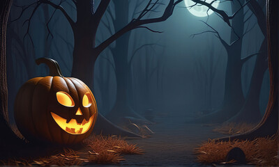 Halloween background, glowing gold Halloween jack-o'-lantern  in a mystical forest, a moody and mysterious ambiance.