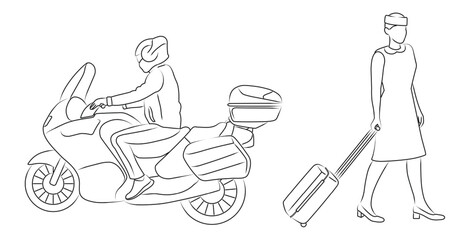 Motorcyclist on a motorcycle, flight attendant with a suitcase, linear sketch silhouette