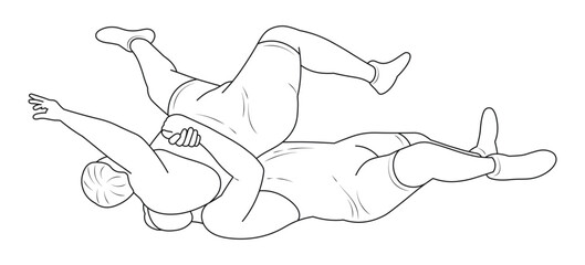 Wrestlers in a prone position, Greco Roman wrestling, duel, sketch outline