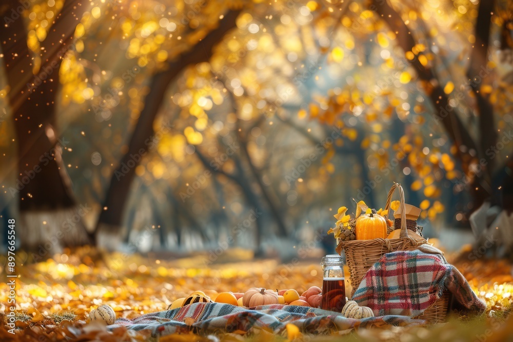 Poster A checkered blanket spread on a bed of golden leaves in an autumn forest with a basket full of picnic food and drinks. Generative AI