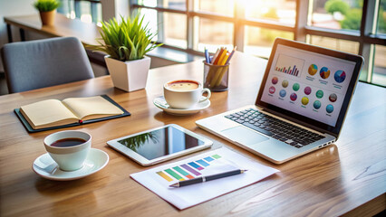 Modern sleek desk with laptop, tablet, and smartphone showcasing various small business apps and tools, surrounded by coffee cups and scattered papers.
