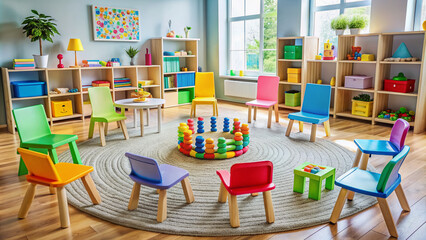 Colorful toys and play materials scattered around a circle of chairs in a cozy room, conveying a sense of fun and interactive group therapy for kids.