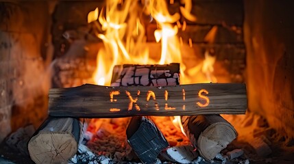 Burning fire in open fireplace with wooden fuel firewood