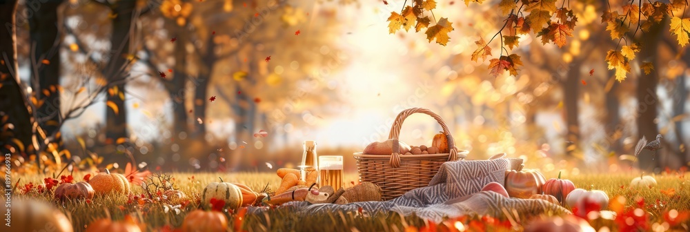 Poster a picnic basket with food and drinks sits on a blanket in the middle of a golden forest with pumpkin