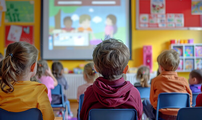 Young children watching educational animation in primary school