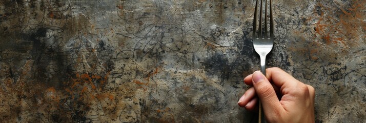 World Hunger day. Fork in hand on a stone background. Horizontal banner. Free space for text. Promoting Global Food Security, Fighting Hunger, food availability