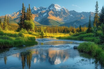Fototapeta premium Beautiful Mountain Landscape with River and Green Meadow in the Valley, Canada Mountains, Fall Season, Blue Sky, Golden Hour, Nature Photography 