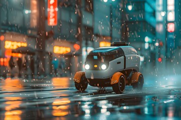 Fototapeta premium Robot courier delivers goods in the rain