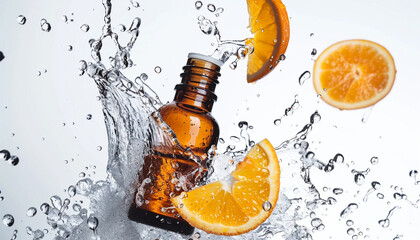 Natural vitamin c serum, skincare, essential oil products. Bottle of vitamin C serum with fresh juicy orange fruit. Beauty product branding mock-up. 
