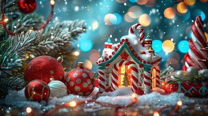 Festive Christmas background bright design in blue red colors with colorful bokeh lights many different festive decorative objects decoration. Merry Christmas and Happy New Year holiday poster
