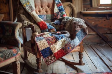 Colorful handmade quilt on wooden rocking chair in country-style room