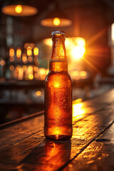 A brown beer bottle on top of a bar. sunlight passing through it giving it an orange glow,generative ai