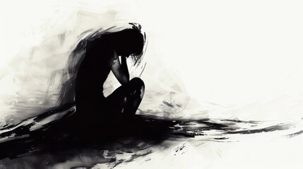 Depression Awareness Month. Mental Health Disorder. Black silhouette of a woman sitting on the floor on a white background. Stressed Woman. Horizontal banner. Copy space. Mental health concept