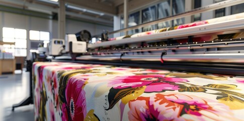 A closeup of fabric moving through a largeformat printing machine