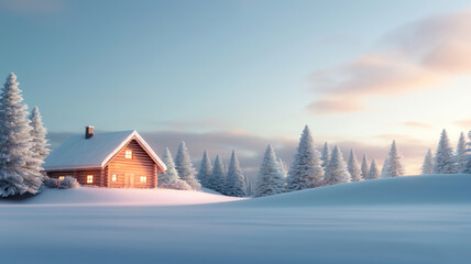 A cozy log cabin nestled in a snow-covered forest during sunset.