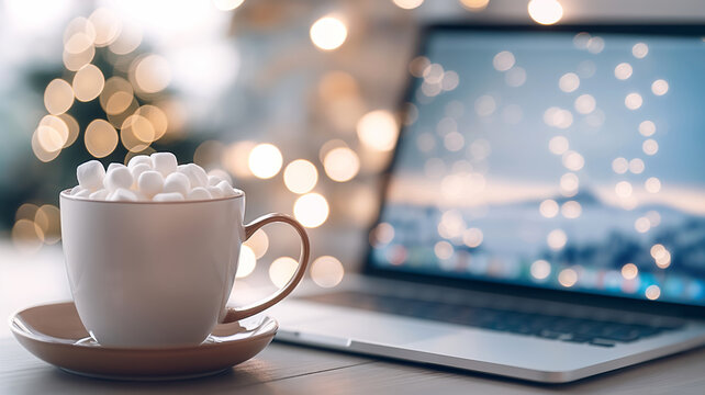 A cozy scene with a cup of hot cocoa topped with marshmallows, set beside a laptop with a holiday wallpaper, evoking warmth and festive cheer.