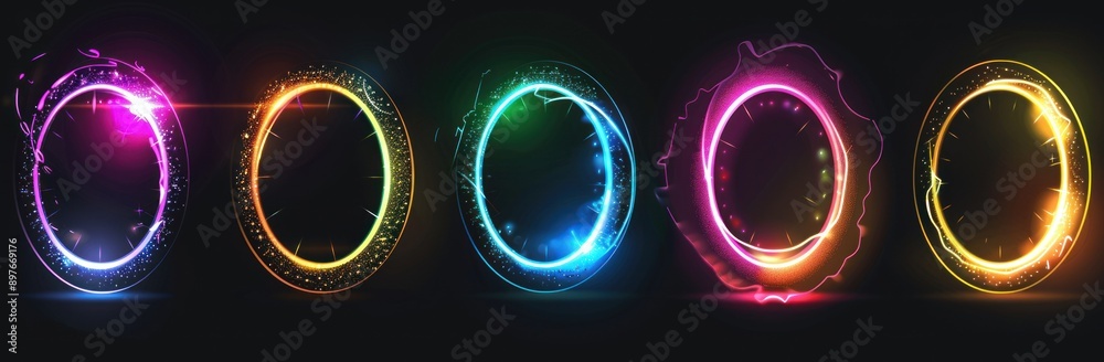 Wall mural A collection of five neon rings with different colors and styles glowing on a black background