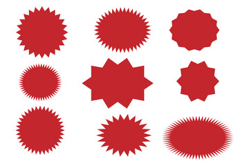 Starburst sale price stickers and labels, star and rosette, sunburst, callout and splash, stamp and tag badges. Isolated vector circle and oval red stickers, promo labels and tags with scalloped edges