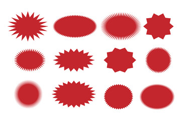 Starburst sale price stickers and labels, star and rosette, sunburst, callout and splash, stamp and tag badges. Isolated vector circle and oval red stickers, promo labels and tags with scalloped edges