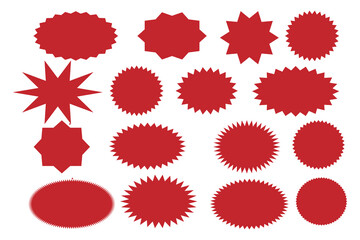 Starburst sale price stickers and labels, star and rosette, sunburst, callout and splash, stamp and tag badges. Isolated vector circle and oval red stickers, promo labels and tags with scalloped edges