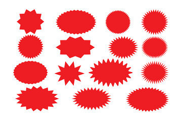 Starburst red sticker set - collection of special offer sale oval and round shaped sunburst labels and badges. Promo stickers with star edges. Vector.