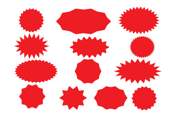 Starburst red sticker set - collection of special offer sale oval and round shaped sunburst labels and badges. Promo stickers with star edges. Vector.
