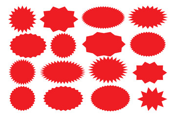 Starburst red sticker set - collection of special offer sale oval and round shaped sunburst labels and badges. Promo stickers with star edges. Vector.