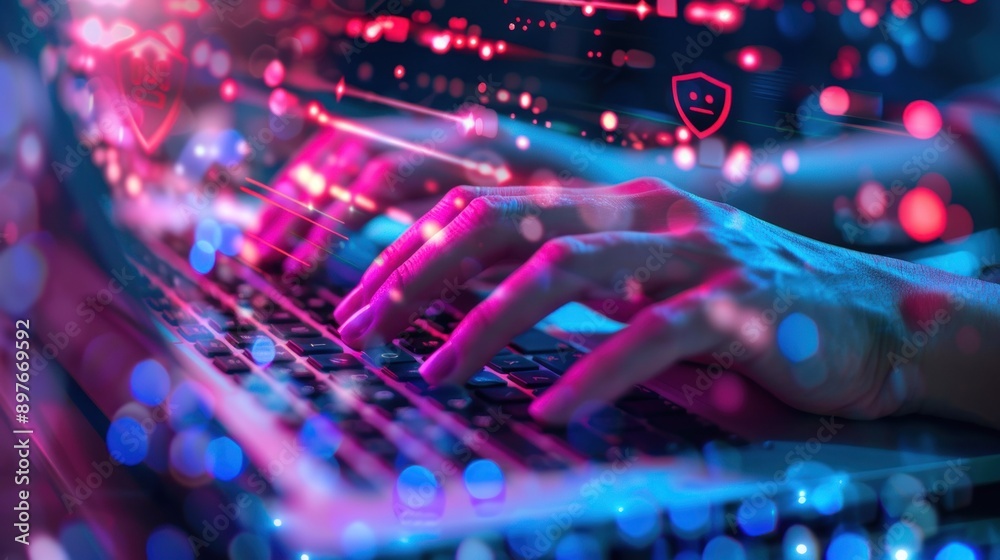 Poster Hands typing on a laptop keyboard illuminated by vibrant neon lights and security icons