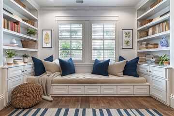 Cozy window seat, reading nook, with pillows and built-in shelves, copy space