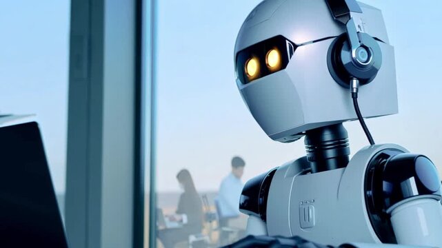 Robot as customer service wearing a headset calling with customer. Side-view portrait futuristic white robot with artificial intelligence working in crowded office typing on keyboard using computer. 