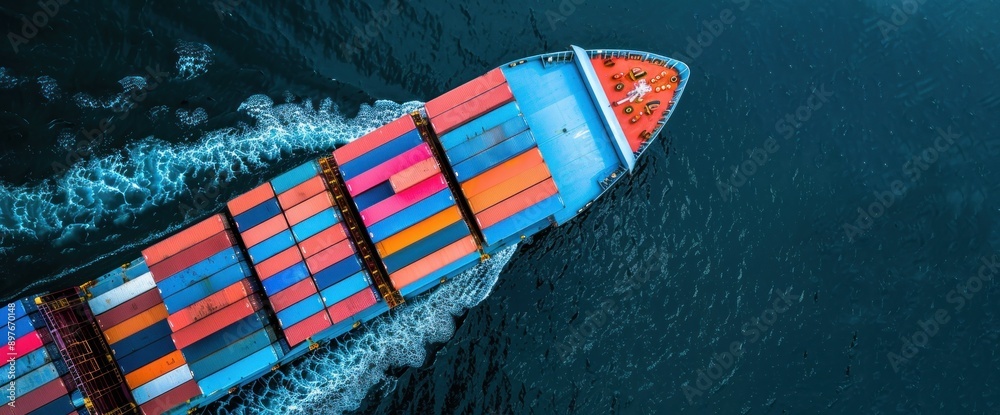 Poster an overhead view of a cargo ship sailing through the ocean leaving a trail of foam in its wake